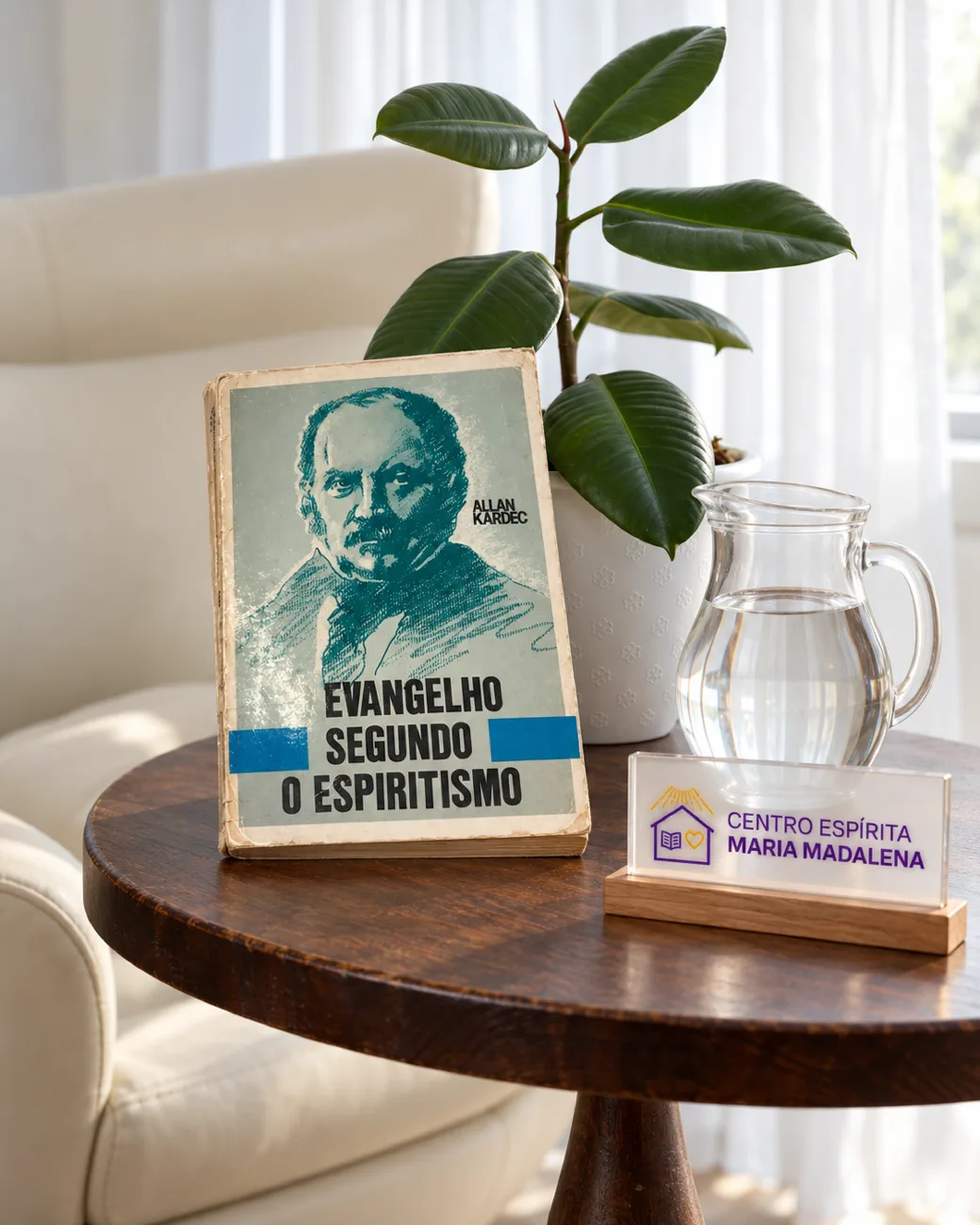 O Evangelho segundo o Espiritismo, de Allan Kardec, sobre uma mesa redonda de madeira, ao lado de uma jarra com água e de uma planta, numa sala clara, com uma placa do Centro Espírita Maria Madalena.