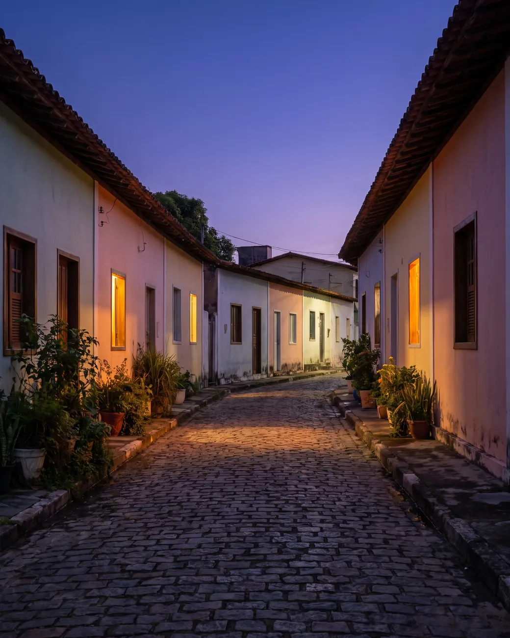 Rua de pedra com casas simples ao anoitecer, algumas janelas acesas.