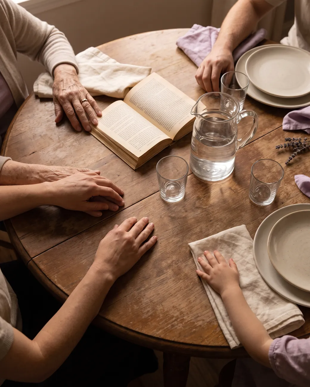 Mãos de três gerações — de uma pessoa idosa, de um adulto e de uma criança — sobre uma mesa redonda de madeira, ao lado de um livro aberto, de uma jarra com água e de copos.