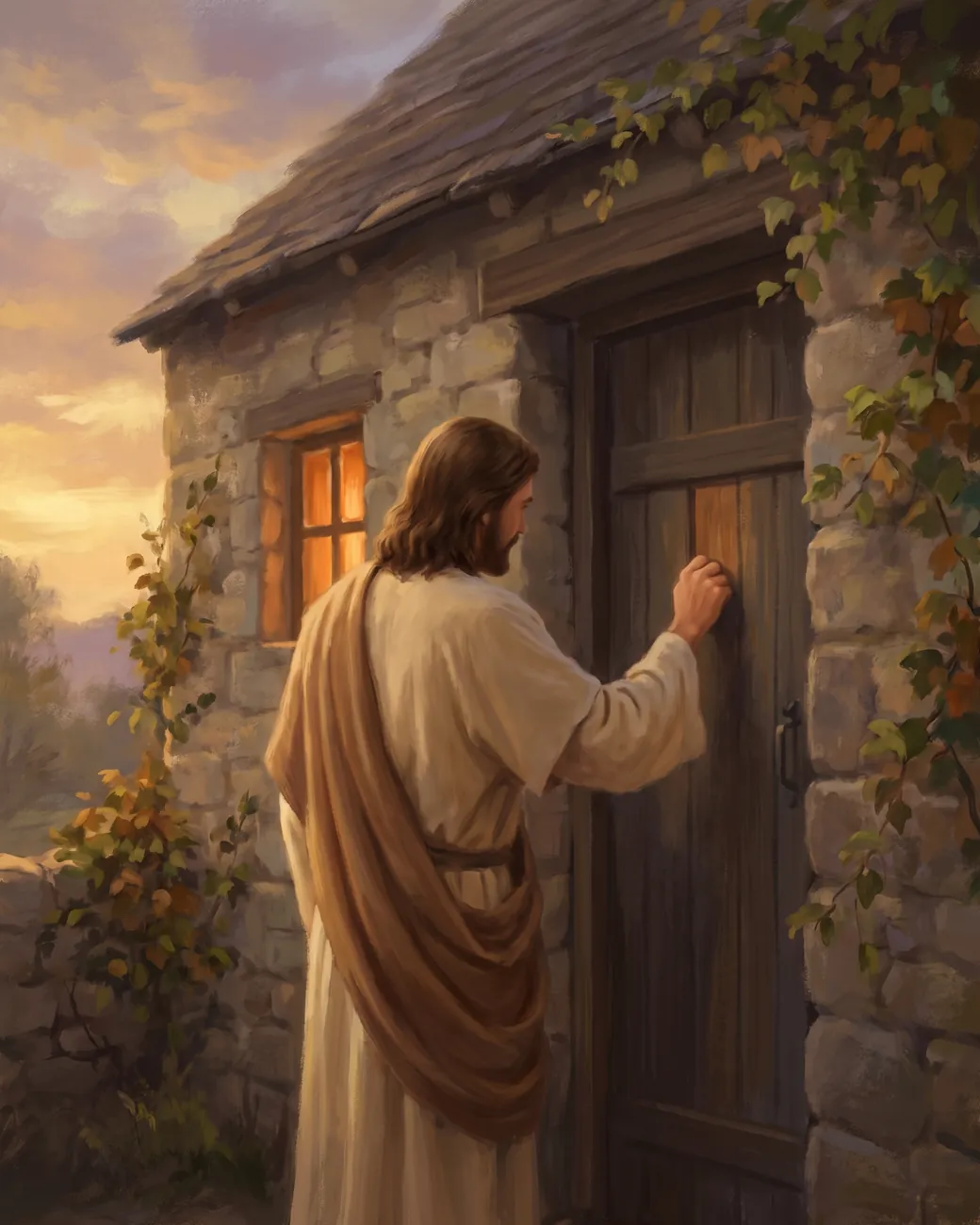 Pintura de Jesus, de manto claro, batendo à porta de madeira de uma casa simples de pedra, com a janela iluminada ao entardecer.