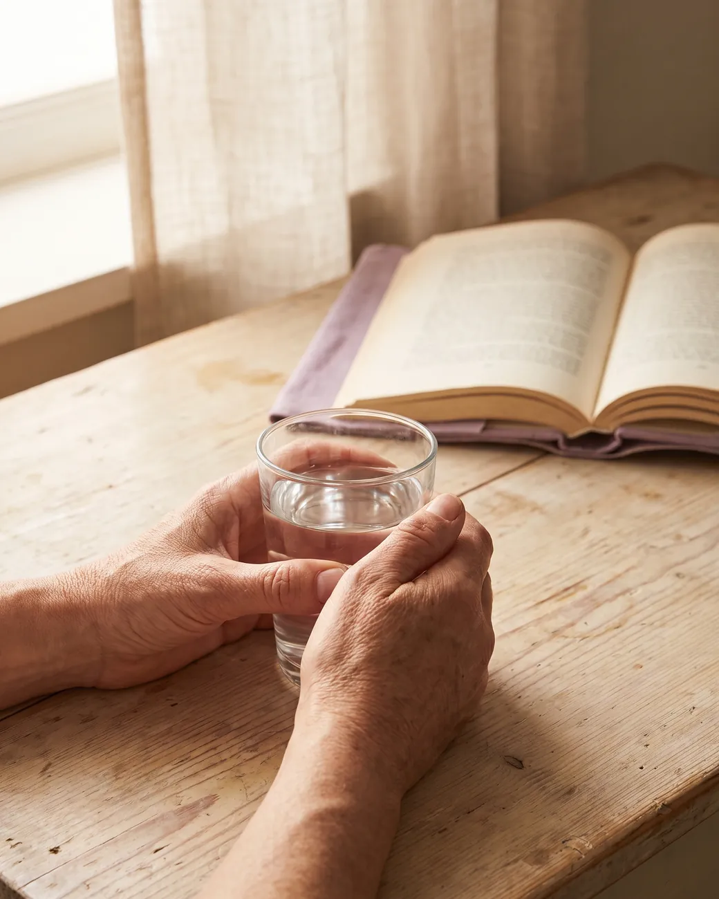 Mãos segurando um copo com água sobre uma mesa de madeira, com um livro aberto ao fundo.