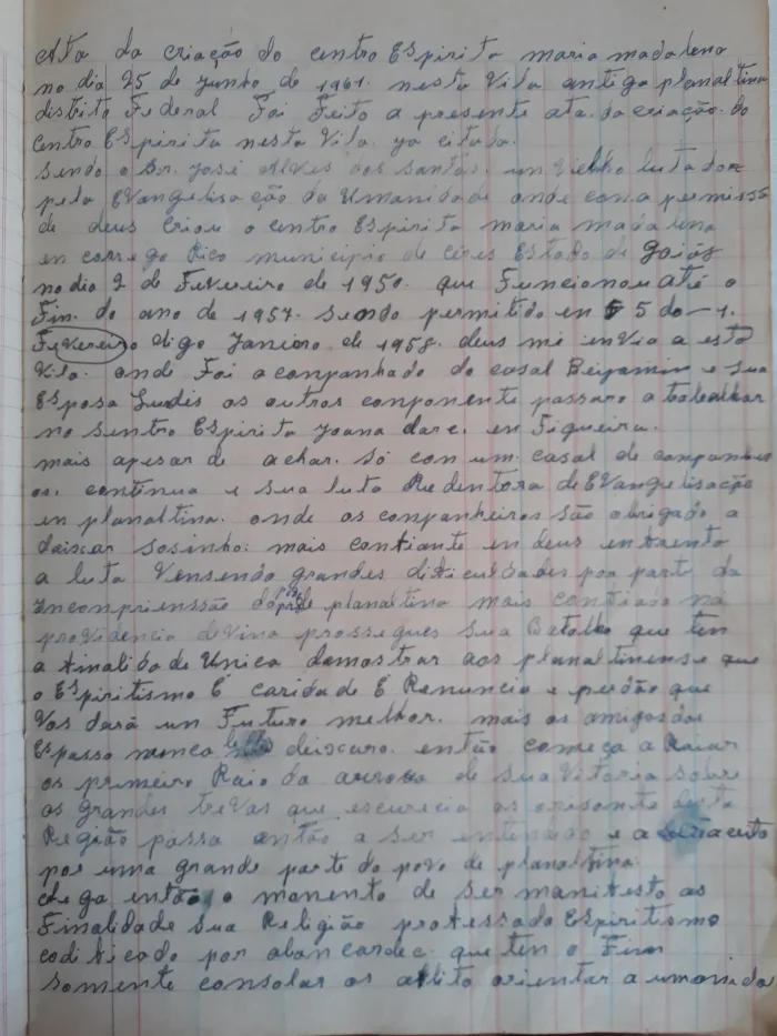 Ata de criação do Centro Espírita Maria Madalena em Planaltina, manuscrita em 25 de junho de 1961.