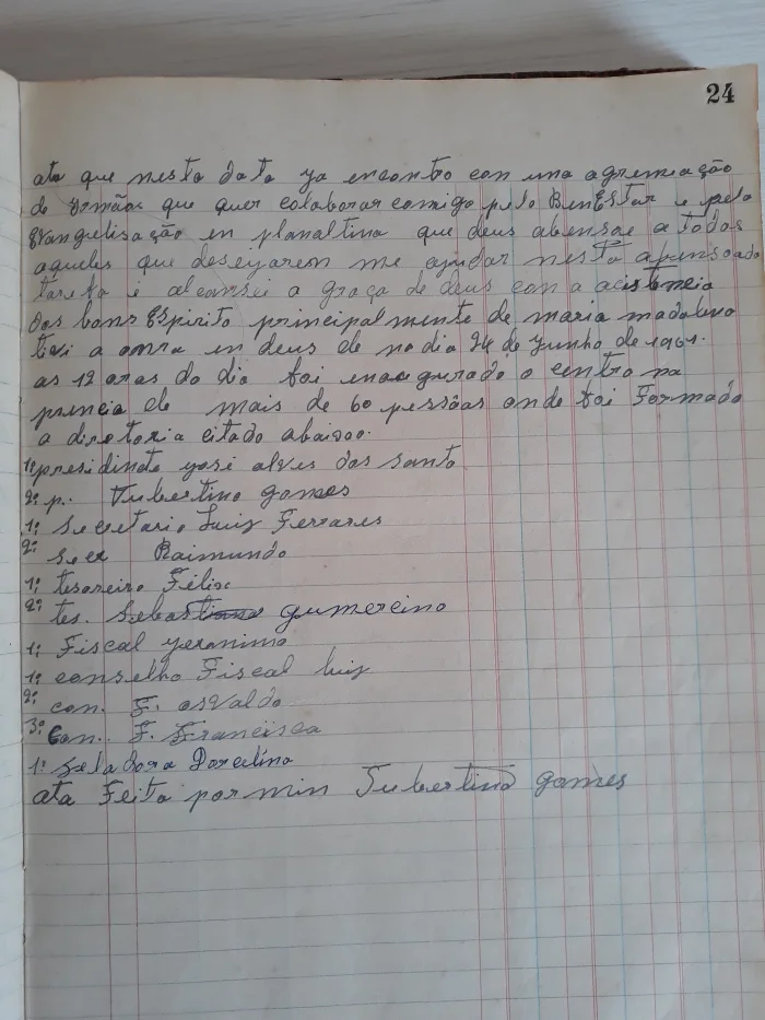 Ata de fundação de 24 de junho de 1961, com a lista manuscrita dos cargos da primeira diretoria.
