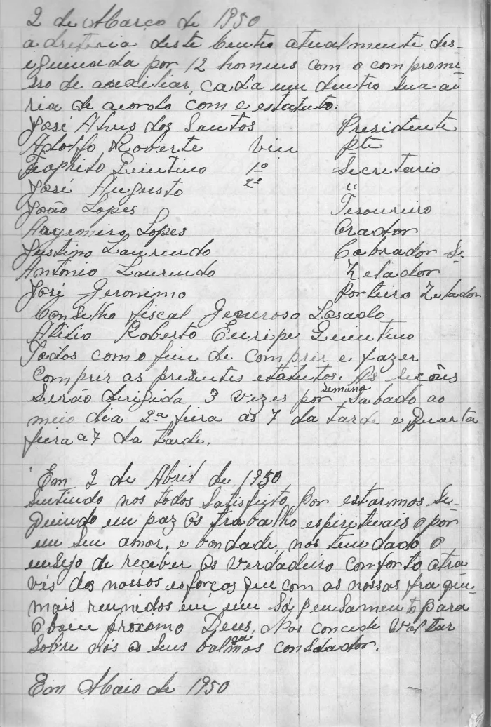 Página do livro de atas listando os doze cargos da primeira diretoria e os horários das sessões.