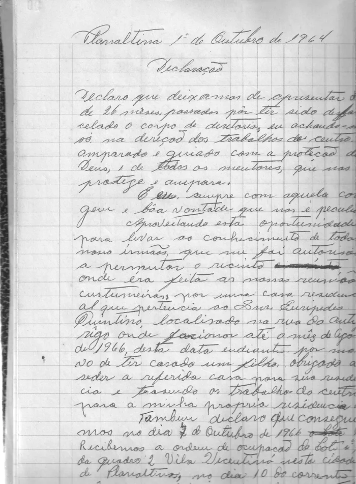 Declaração manuscrita de 1966 sobre a sede emprestada e a ordem de ocupação do lote na Vila Vicentina.