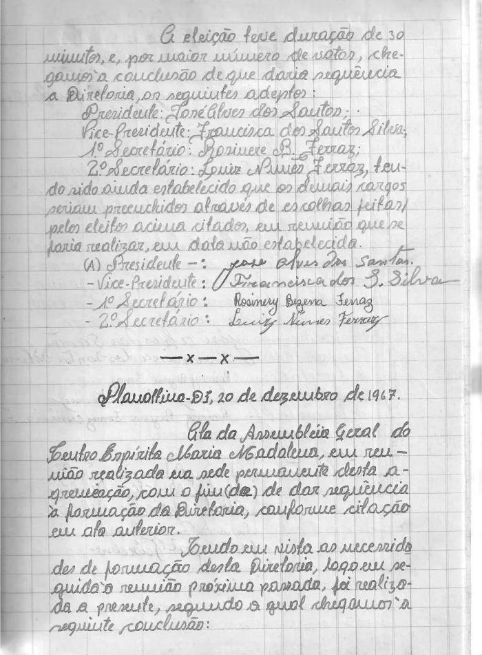 Ata da eleição de 1967 com as assinaturas da diretoria, entre elas a de Francisca dos Santos Silva.