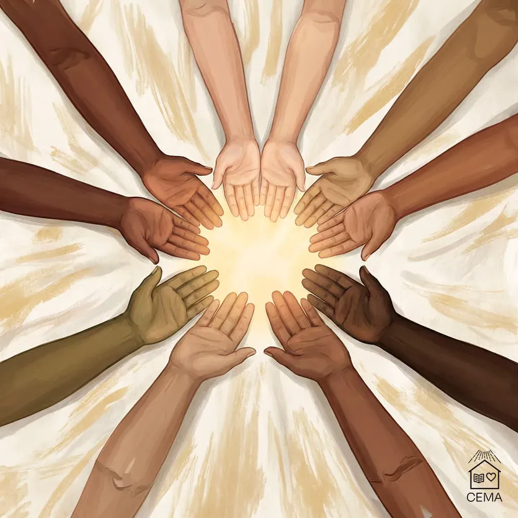 Mãos diversas unidas em círculo com luz ao centro representando a família espiritual na casa espírita