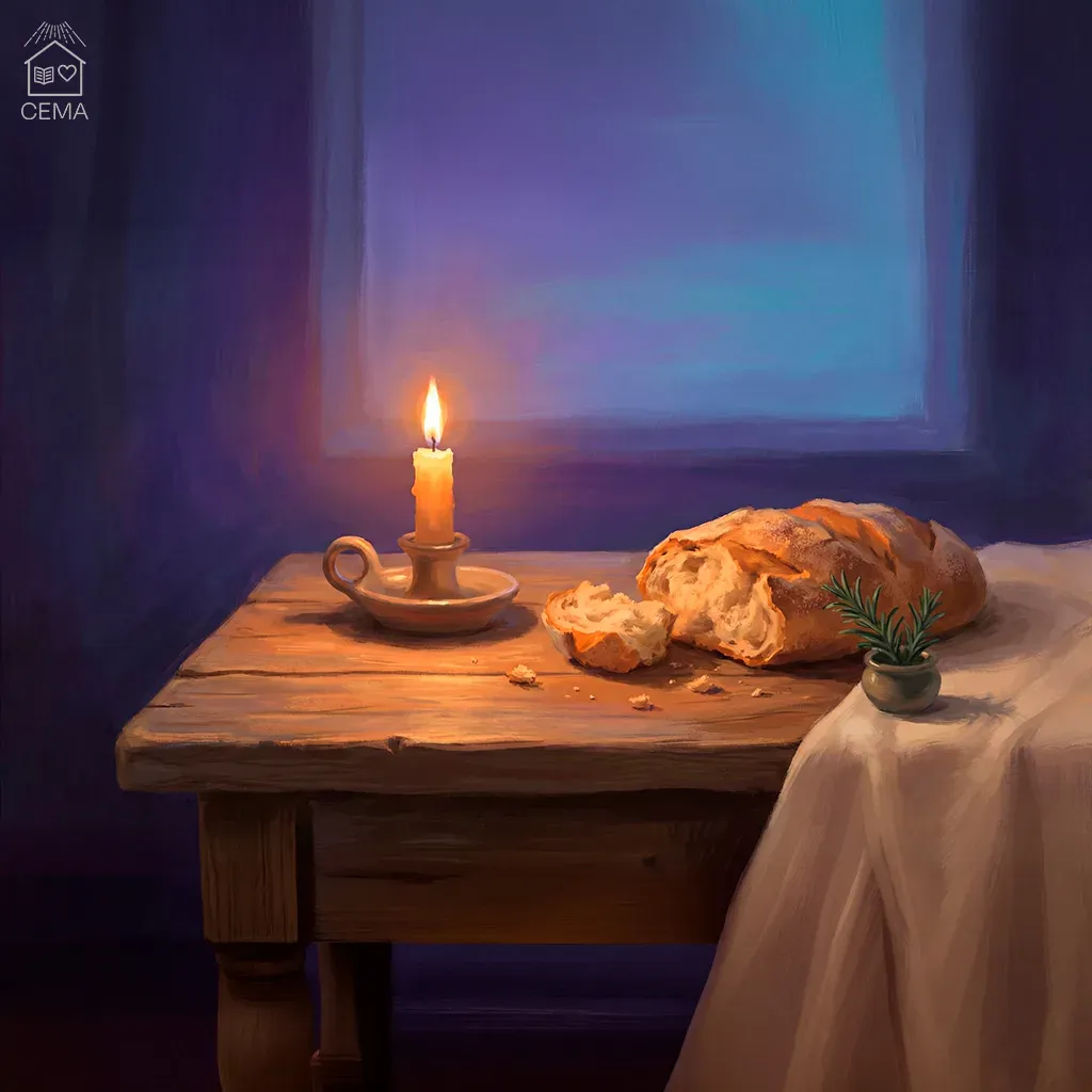 Pão e luz representando a caridade espírita que alimenta corpo e alma