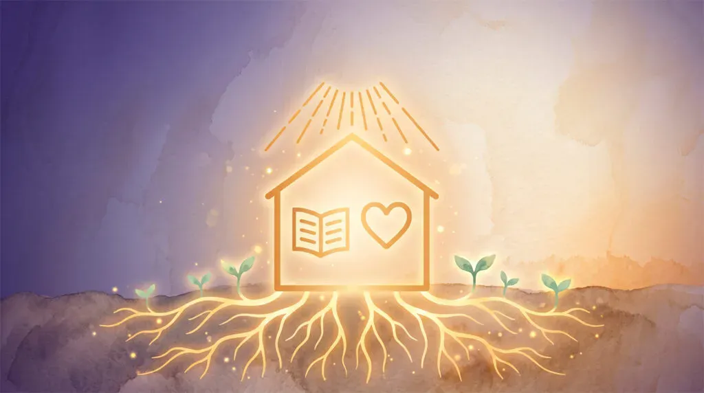 Logo do CEMA com raízes luminosas se estendendo pelo solo e novas mudas brotando ao redor, do crepúsculo ao amanhecer — a continuidade dos 65 anos