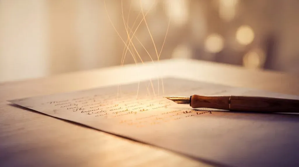 Caneta-tinteiro antiga repousando sobre manuscrito de poesia em caligrafia cursiva, com traços de luz dourada subindo suavemente da tinta recém-escrita
