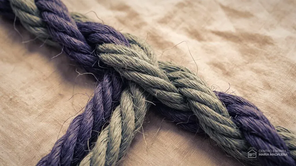 Fios de cores diferentes trançados numa mesma corda artesanal sobre tecido de linho