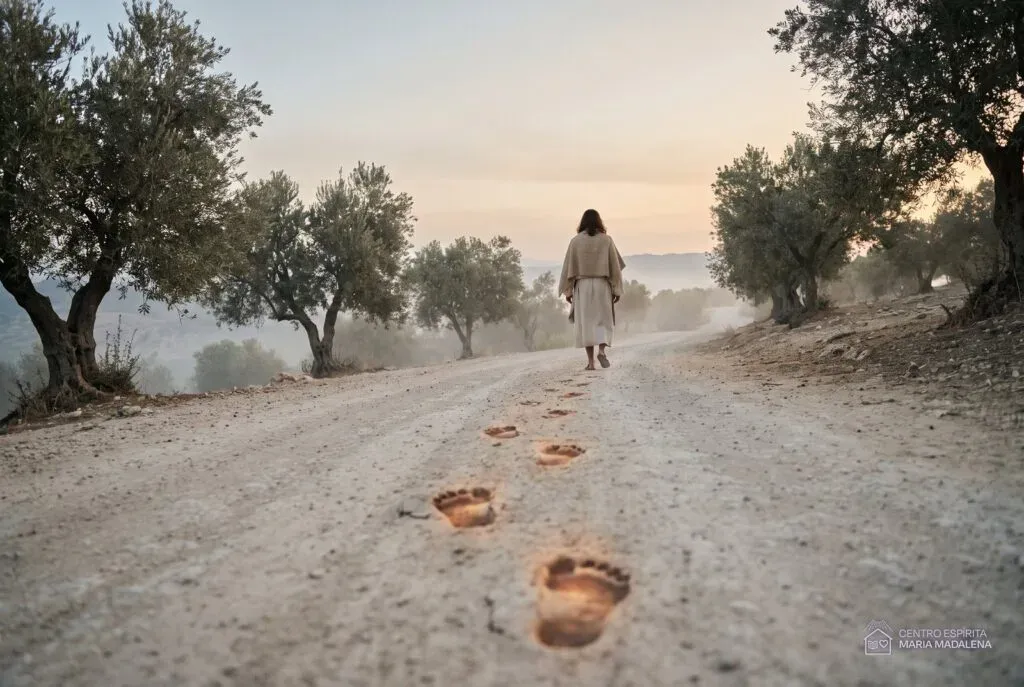 Pegadas iluminadas numa estrada de terra levando a um homem de manto que caminha sozinho ao amanhecer