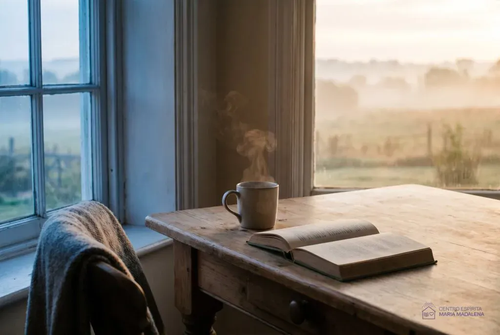 Xícara de café fumegante e livro aberto sobre mesa de madeira junto à janela ao amanhecer