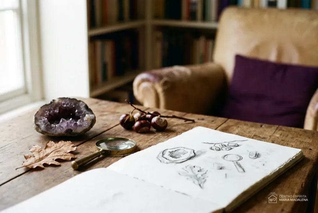 Mesa de estudo com pedra partida, castanhas, lupa de latão e caderno de esboços a lápis