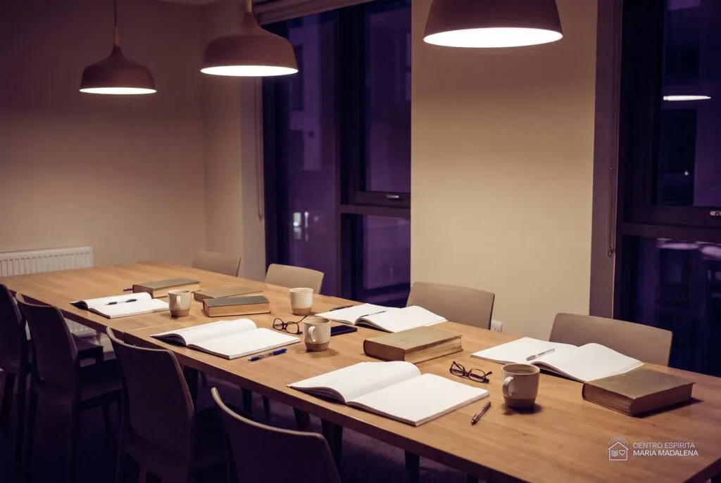 Mesa comprida de estudo à noite com livros abertos, cadernos e xícaras, cadeiras afastadas