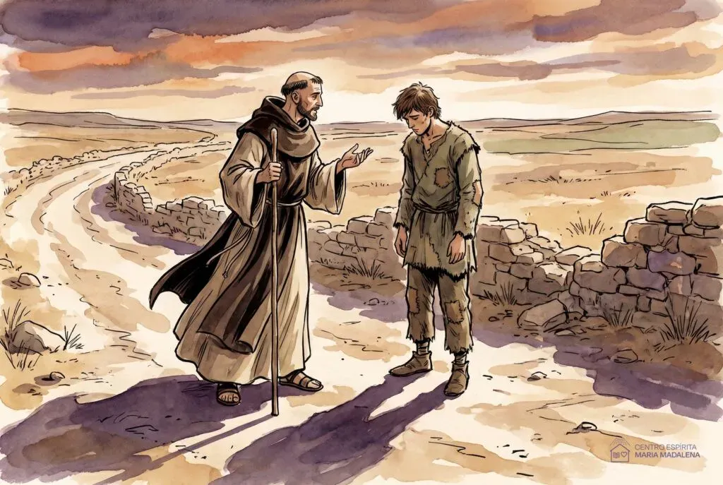ilustração de monge peregrino conversando com jovem à beira da estrada, parábola do autoamor no espiritismo