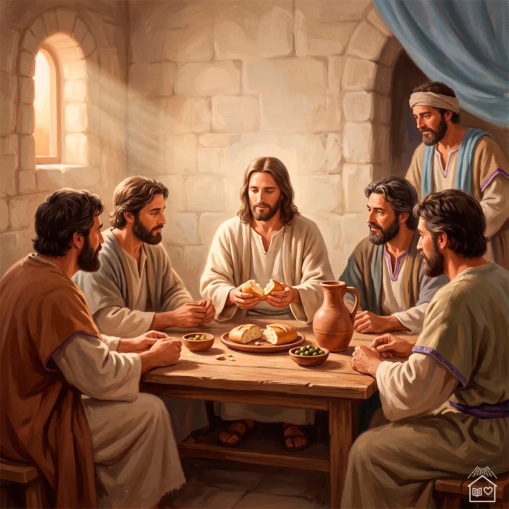Jesus médico das almas à mesa com Mateus e publicanos em ambiente intimista de Jerusalém antiga.
