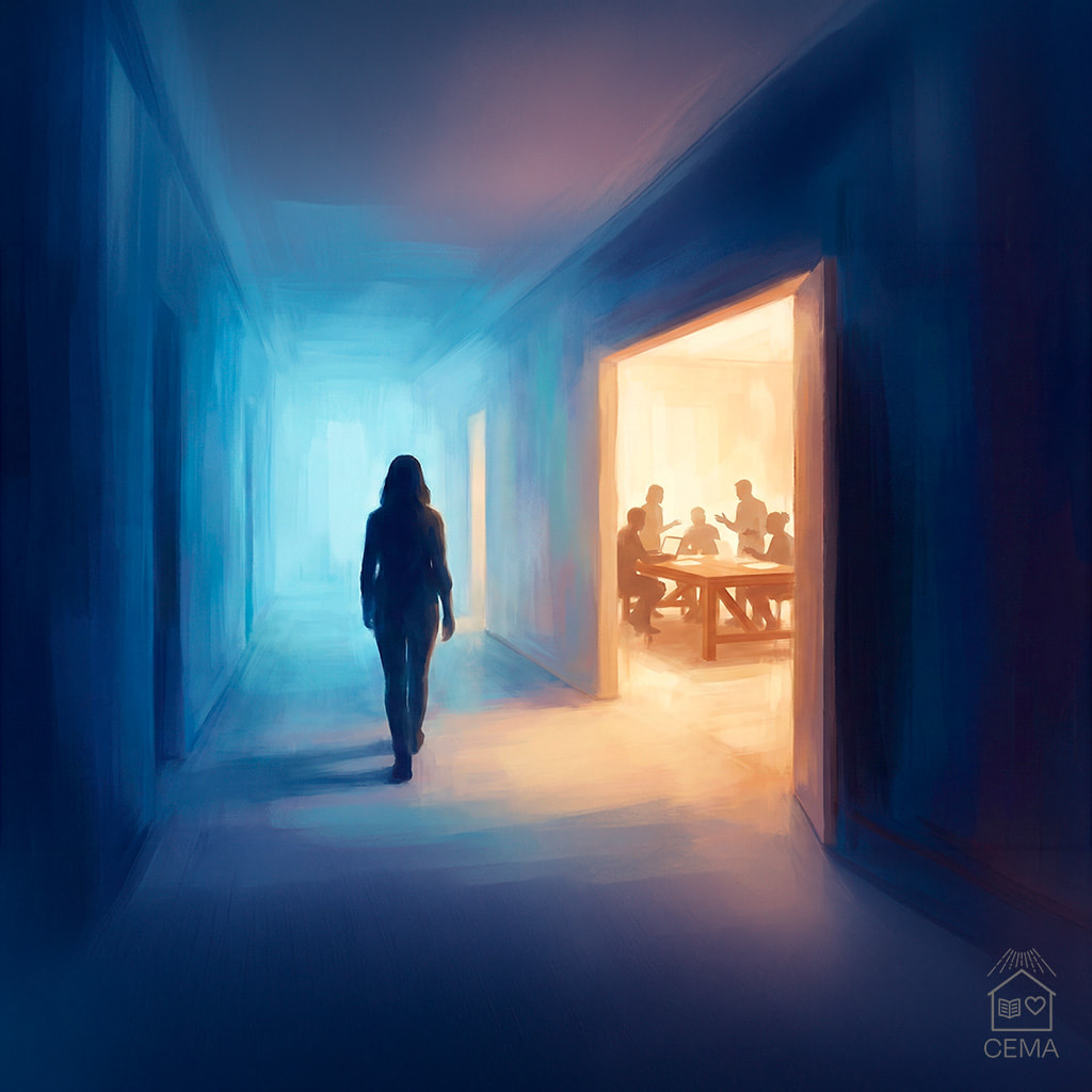 Pessoa caminhando em direção a um grupo reunido em trabalho fraterno na casa espírita