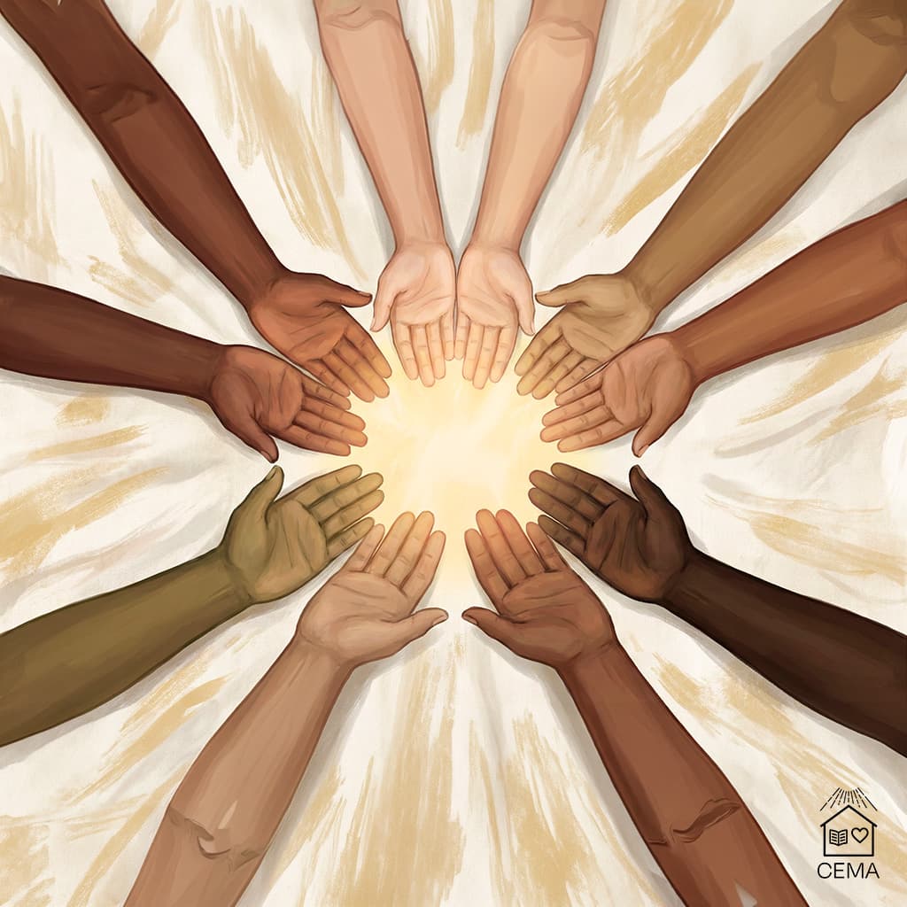 Mãos diversas unidas em círculo com luz ao centro representando a família espiritual na casa espírita