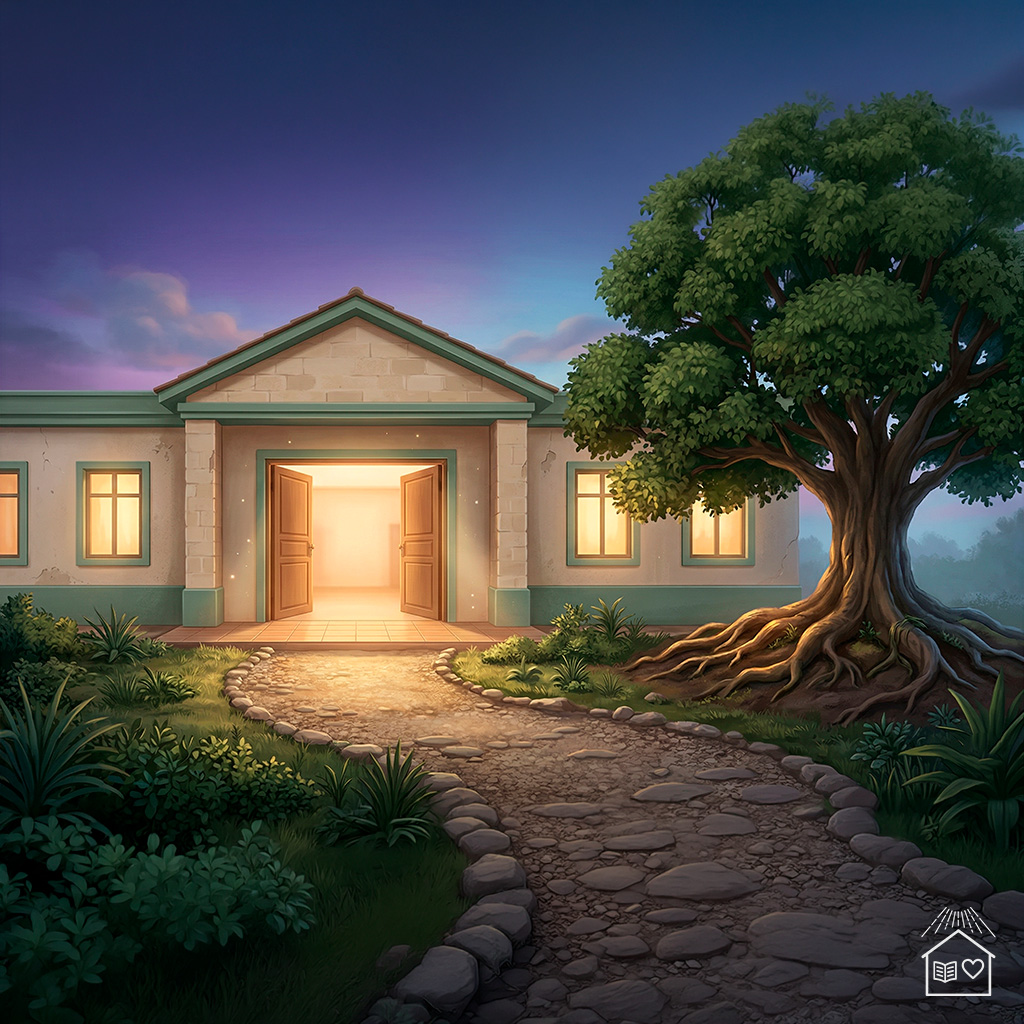 Casa espírita acolhedora com portas abertas e árvore frondosa representando o CEMA no Dia Nacional do Espiritismo