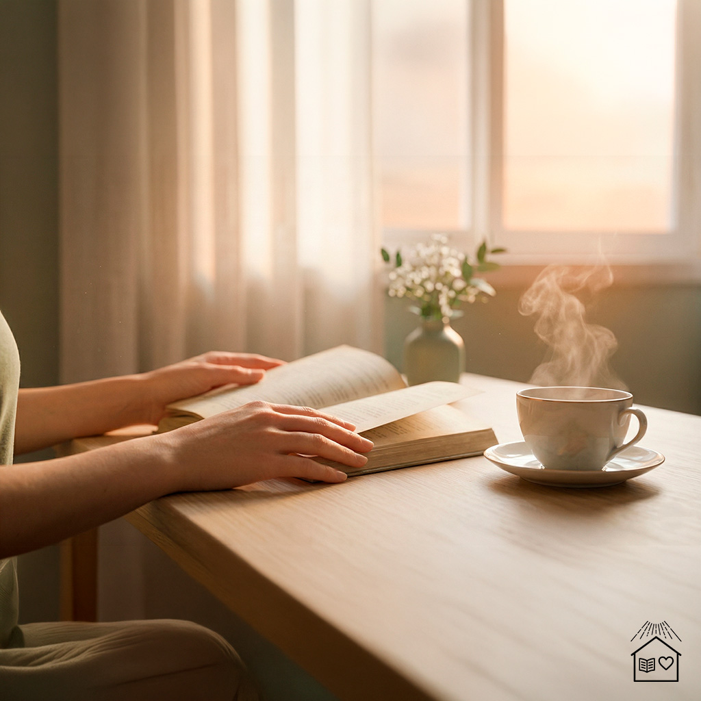 Mãos segurando livro aberto em ambiente acolhedor representando o estudo espírita no Dia Nacional do Espiritismo