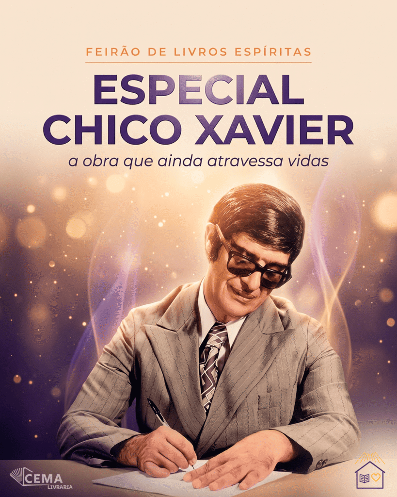 Arte do Feirão de Livros Espíritas Especial Chico Xavier do CEMA, com livros e luz quente em tons de bege e violeta.