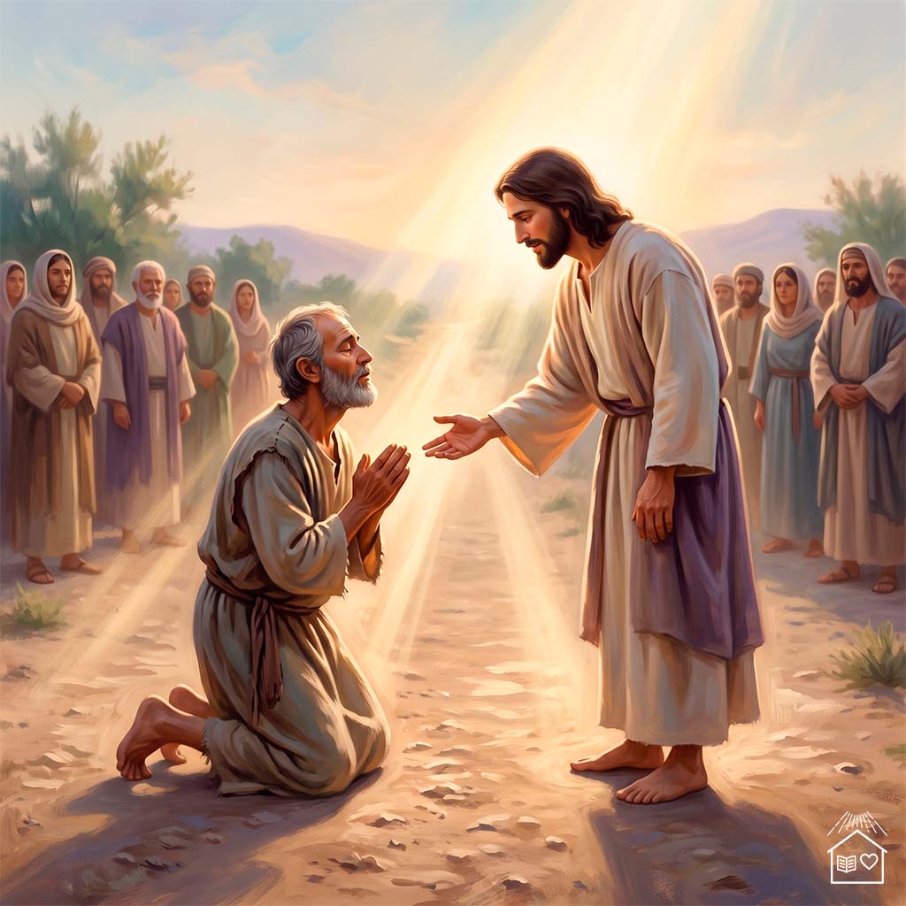 Encontro de Bartimeu com Jesus médico das almas no caminho de Jericó em luz suave do amanhecer.