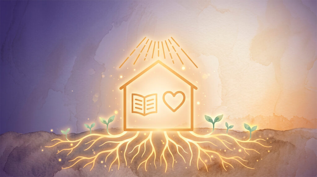 Logo do CEMA com raízes luminosas se estendendo pelo solo e novas mudas brotando ao redor, do crepúsculo ao amanhecer — a continuidade dos 65 anos