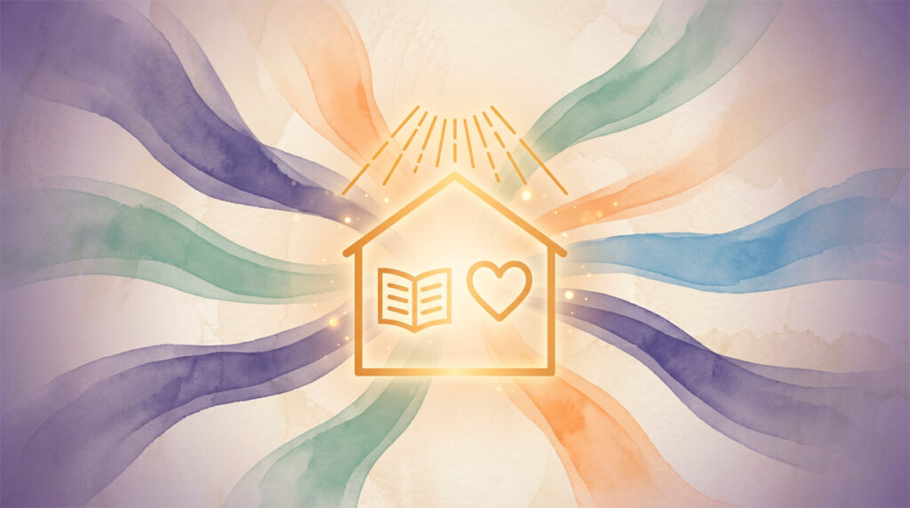 Logo do CEMA em traço dourado irradiando feixes de luz em aquarela nas cores roxo, azul, verde e laranja — a Casa que ilumina a comunidade