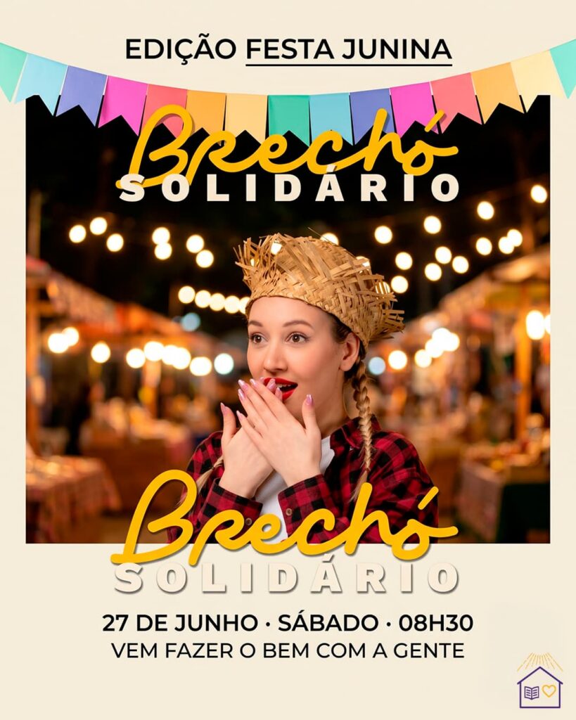 Arte do Brechó Solidário do CEMA – Edição Festa Junina, com bandeirinhas e clima de arraiá, anunciando o evento de 27 de junho às 8h30.