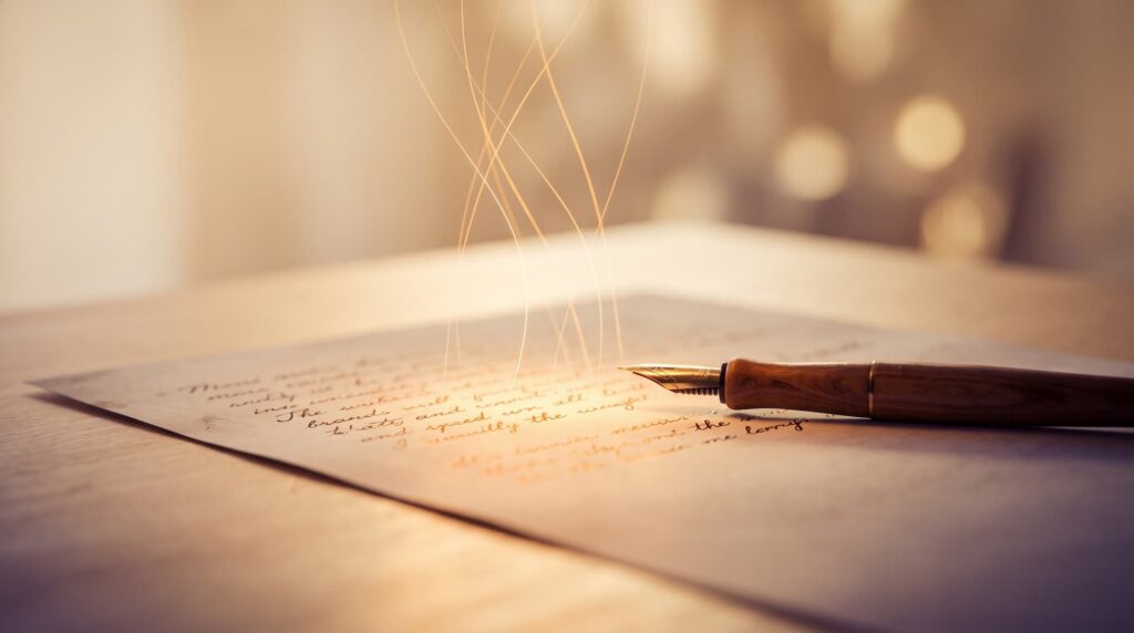 Caneta-tinteiro antiga repousando sobre manuscrito de poesia em caligrafia cursiva, com traços de luz dourada subindo suavemente da tinta recém-escrita