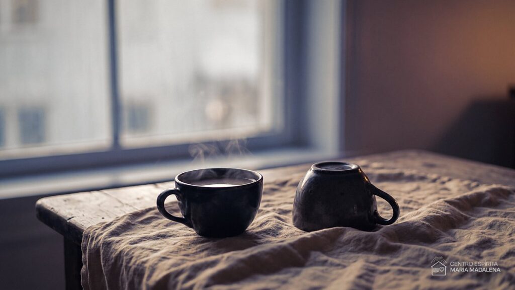 Duas xícaras sobre a mesa da cozinha ao amanhecer, uma com café fumegando e a outra virada para baixo