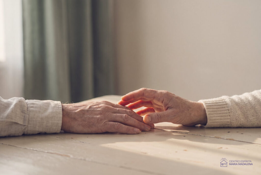 Duas mãos de pessoas idosas sobre uma mesa de madeira clara, quase se tocando, na luz de uma janela
