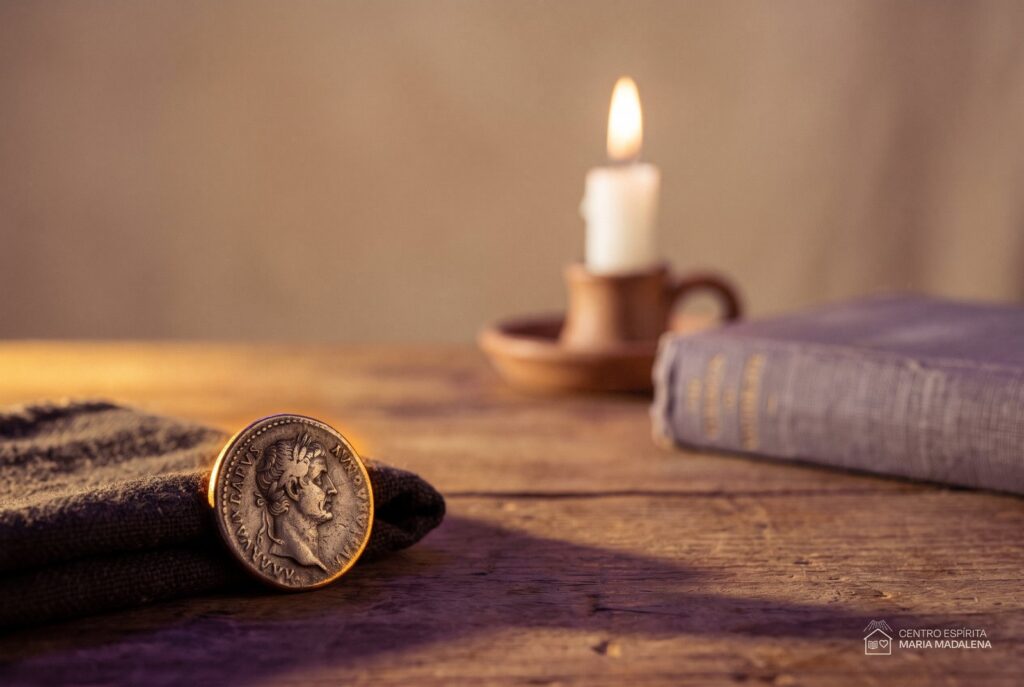 Moeda romana antiga em primeiro plano sobre mesa de madeira, com vela acesa e livro fechado ao fundo