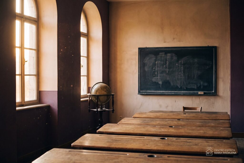 Sala de aula vazia do início do século XIX com carteiras de madeira, lousa de ardósia e globo terrestre