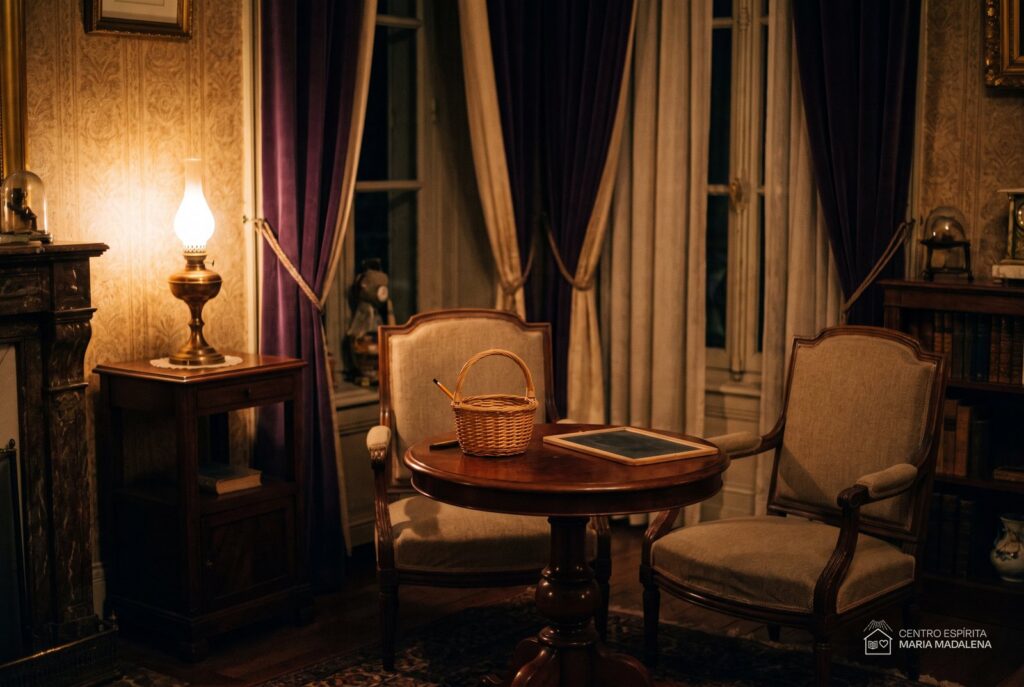 Salão parisiense de 1855 à luz de lampião, com mesa redonda, cesta com lápis e ardósia