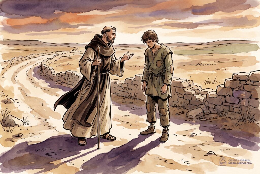 ilustração de monge peregrino conversando com jovem à beira da estrada, parábola do autoamor no espiritismo