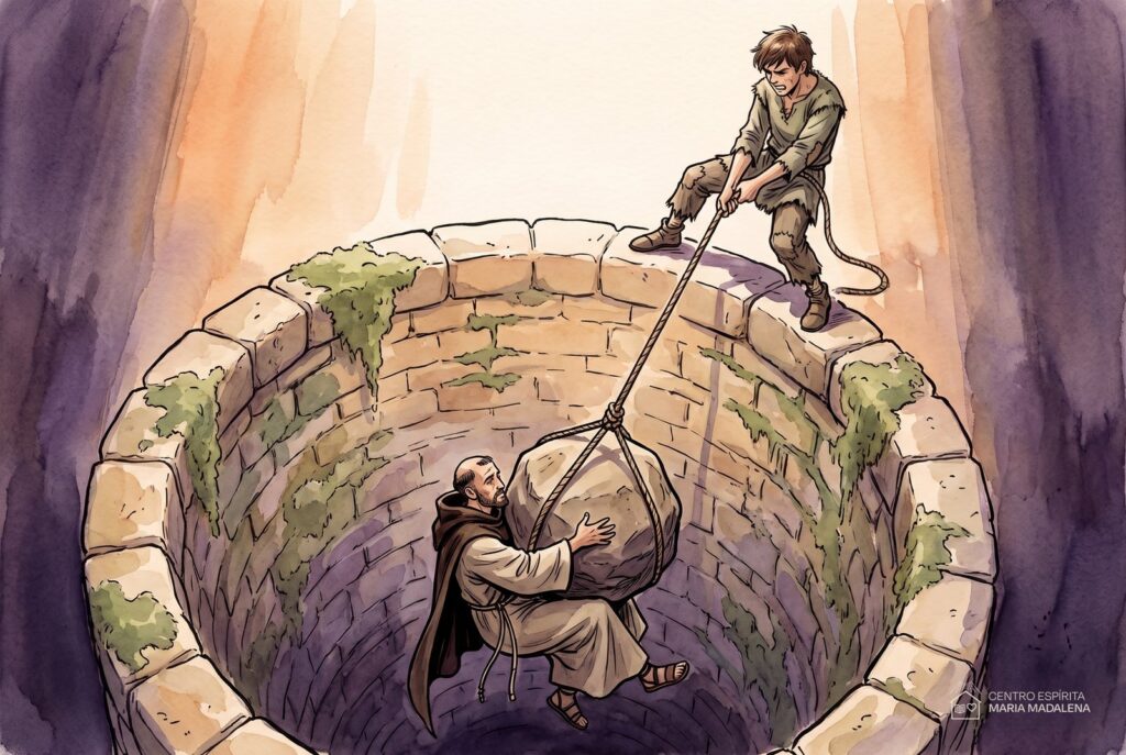 ilustração de jovem puxando corda com esforço enquanto monge segura pedra pesada, parábola do autoamor no espiritismo
