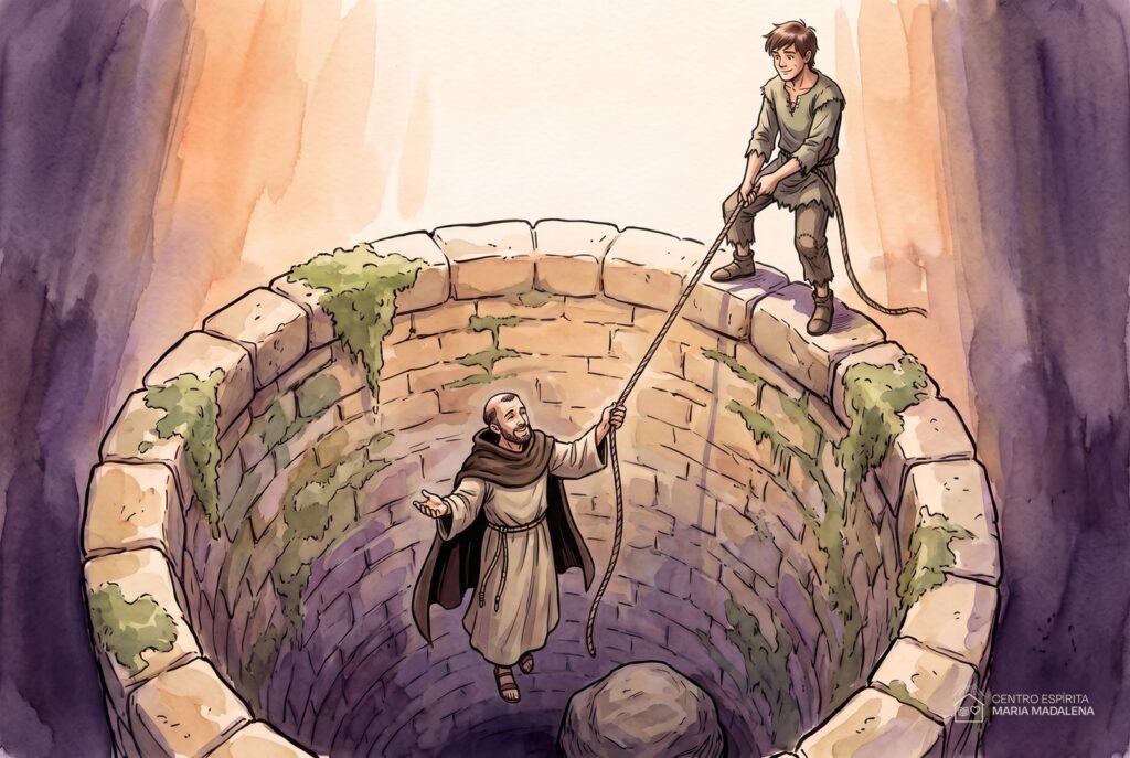 ilustração de monge subindo do poço sem a pedra, símbolo de soltar a culpa no autoamor no espiritismo