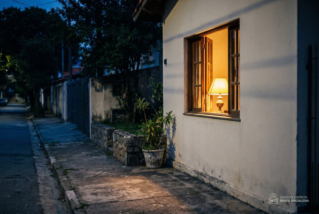 Janela de casa simples iluminada por dentro ao anoitecer, com a luz se derramando sobre a calçada
